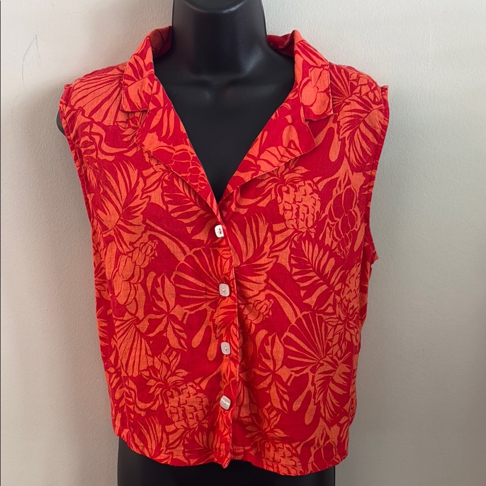 Nicole Miller Red & Orange Tropical Button-Front Sleeveless Blouse 100% Linen L